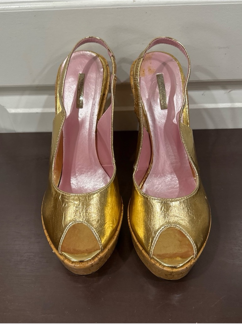 Michael Antonio Gold Peep-Toe Slingback Wedges with Pink Insole